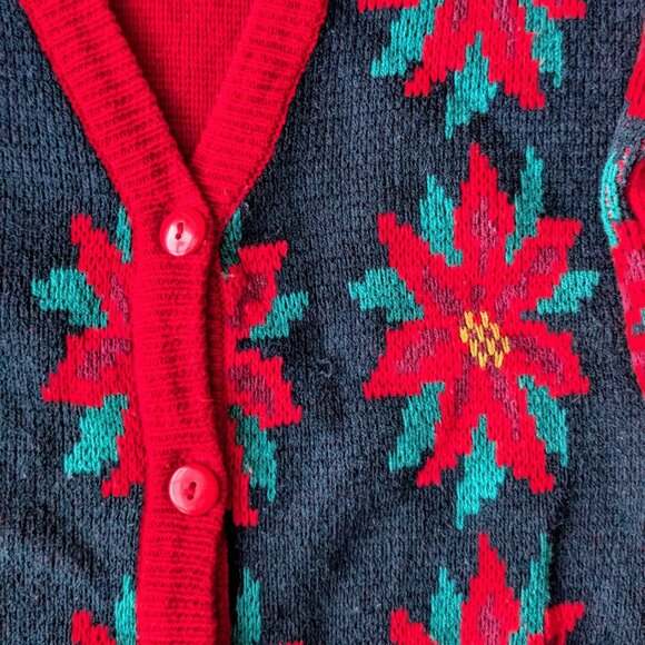 Vintage High Gate Ltd Petite Red Poinsetta V-Neck Cardigan Sweater small - Picture 5 of 7